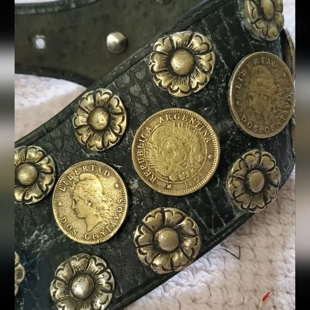 Vintage Leather Brass Flower Coin Belt Removable Buckle